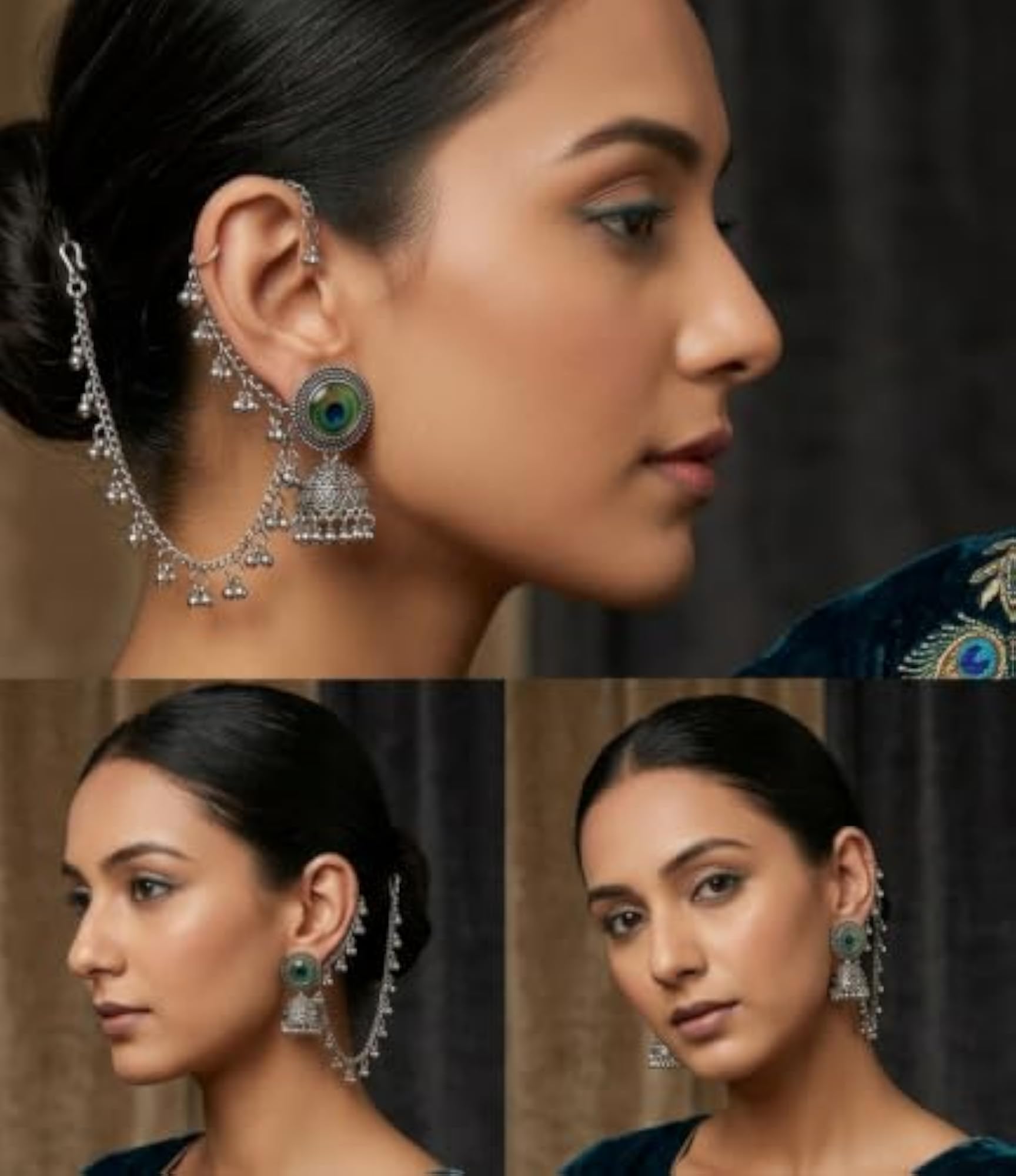 Oxidized Peacock Design Jhumka Earrings with Hair Chain